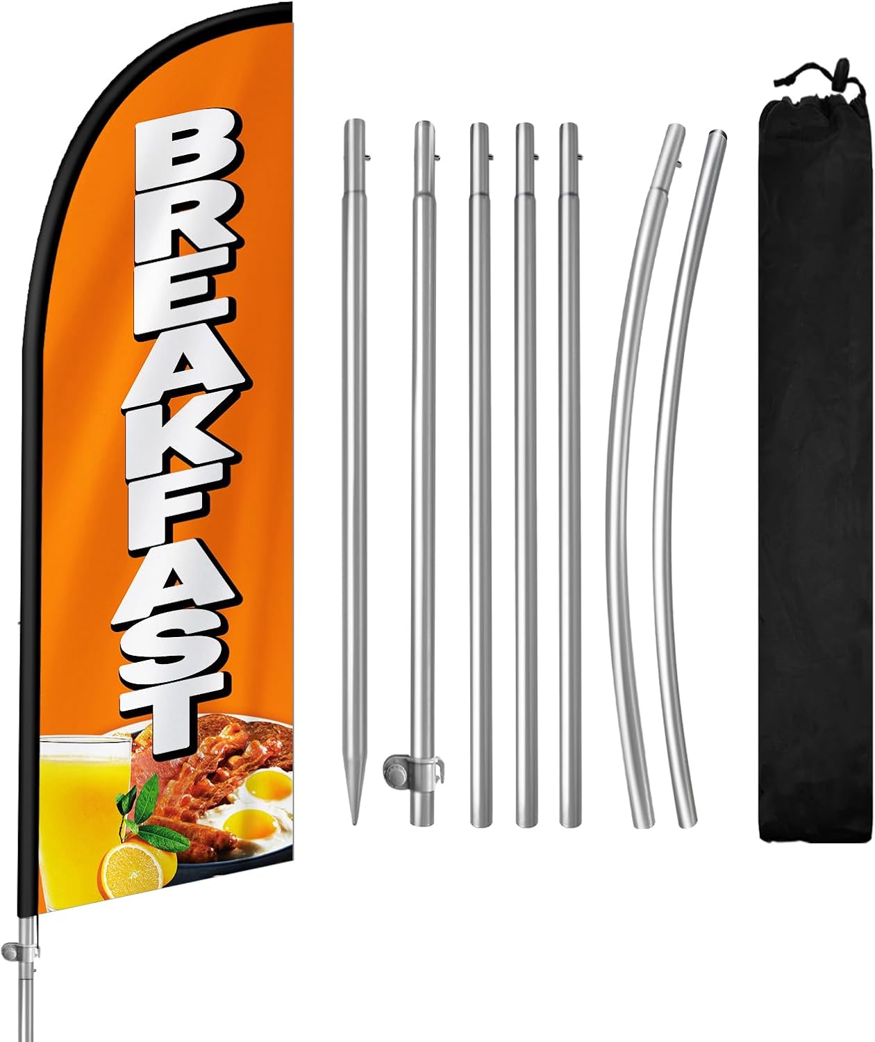 8FT Breakfast Swooper Flag, Portable Breakfast Signs with Stainless Steel Flagpole, Ground Stake, Eye-Catching Business Flag Banner for Store Advertising