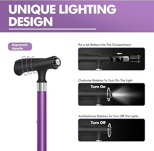 Miniatura 2 de KINGGEAR Walking Cane for Women & Men, Adjustable Lightweight LED Walking Stick with Autonomous Standing, Large Sturdy 360 Swivel Base Crutches Cane