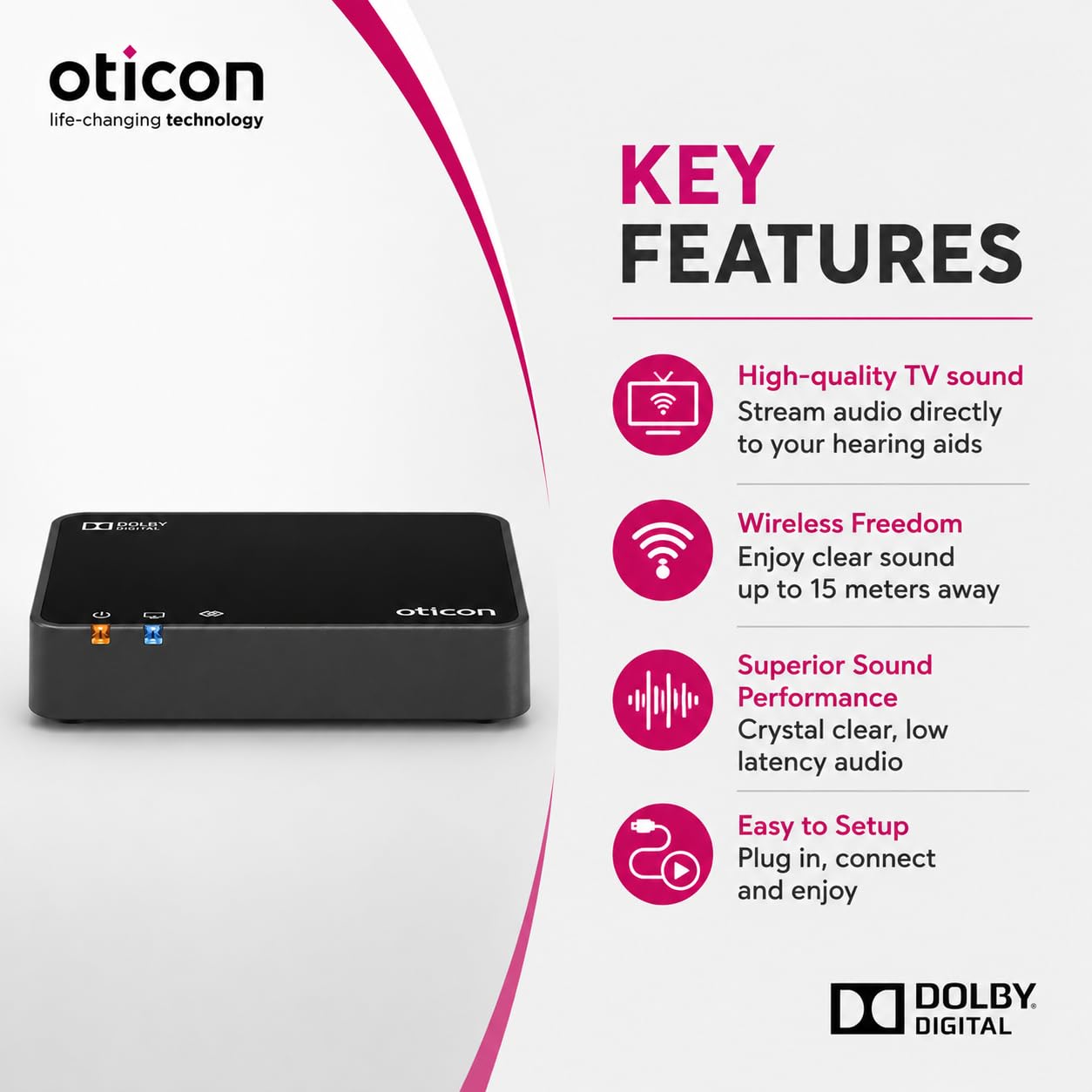 Oticon TV Adapter 3.0 - Kompatibel mit Oticon Intent, Real, More, OPN, Engage, Siya, Xceed, Own, Zirkon und Play PX Hörgeräten