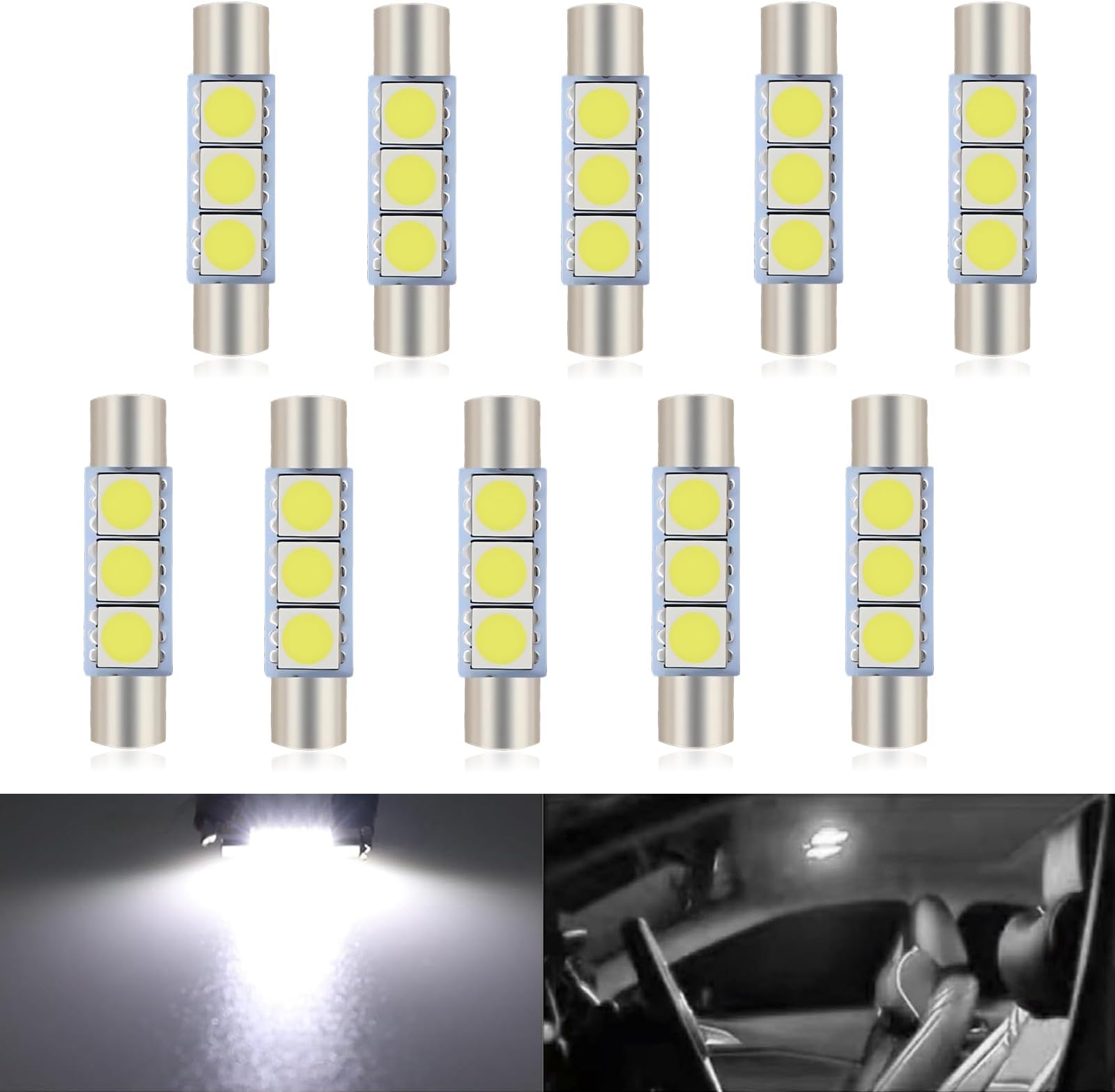 Pack-10 Car 28mm LED Light Kit, 5050 3SMD Mini 180° Lighting Super Bright Reading Light Roof Light Tail Box Light, Plug and Play Non-destructive Replacement, Universal for Cars (White)