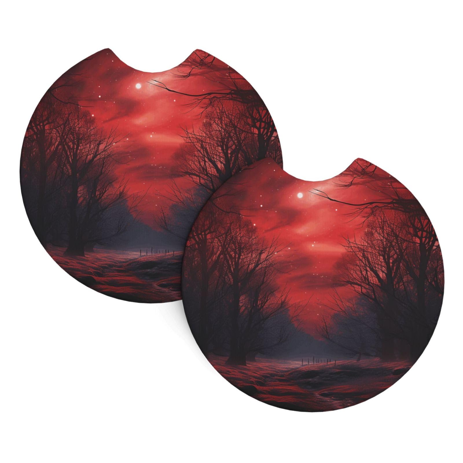 2PCS Car Coaster for Cup Holders Universal Auto Cup Mat Red Forest Night Sky Cup Coaster Pad 2.7" Waterproof Neoprene Non-Slip Cup Holder Coasters Car Interior Accessories for Women Men