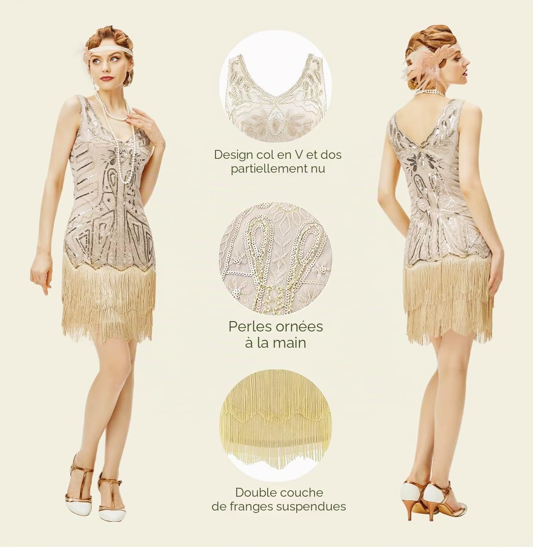 BABEYOND 1920 Flapper Robe Femme V Cou Robe Perlée Gatsby sans Manche Robe Frangée avec Paillette 1920 Party Fête Bal Soirée Art Déco