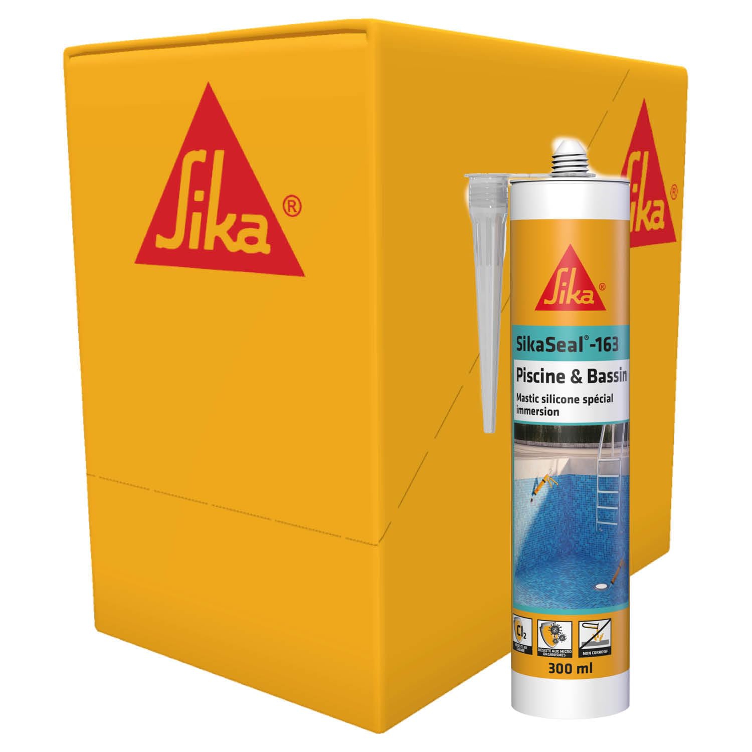 SIKA - Silicone Piscine et Bassin - SikaSeal-163 - Transparent - 12x300ml | Joints de piscines et zones immergées - Résistant au Chlore
