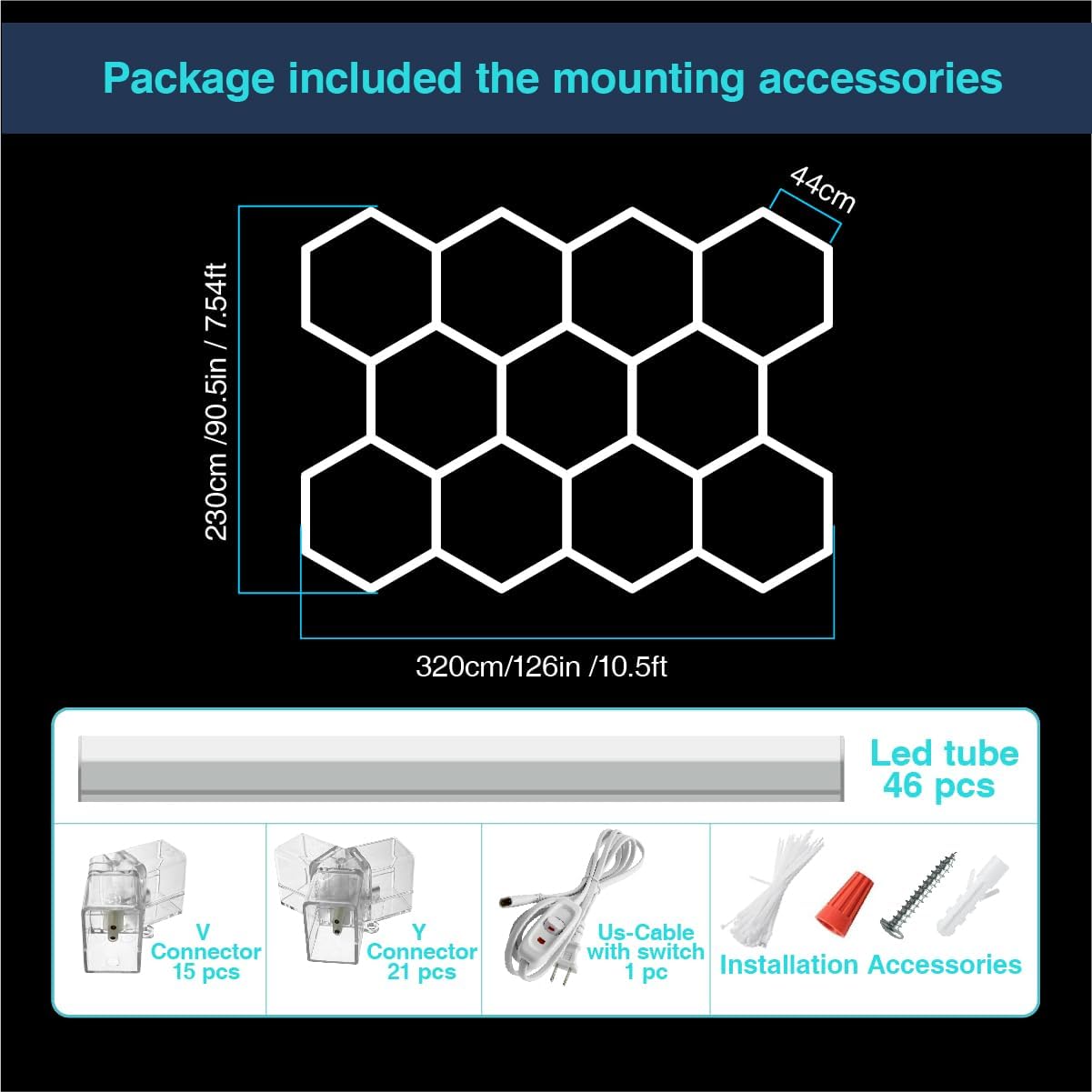 Hexagon Garage Lights 3 Level Dimmable, 46 Pack 368W High Brightness 8100 to 40480 Lumens 6500K Honeycomb Led Light 11 Grid for Garage, Auto Beauty Shop, Car Detailing Shop, Workshop