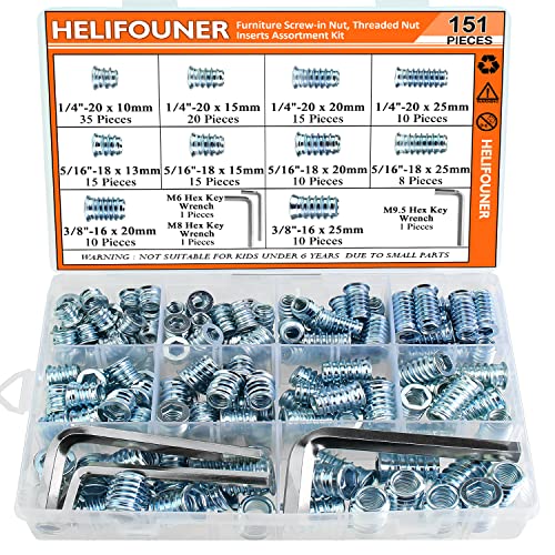 1/4-20, 5/16-18, 3/8-16 Threaded Inserts, Wood Inserts, Steel Threaded Inserts for Wood Furniture Screw, HELIFOUNER 148 Pieces 1/4