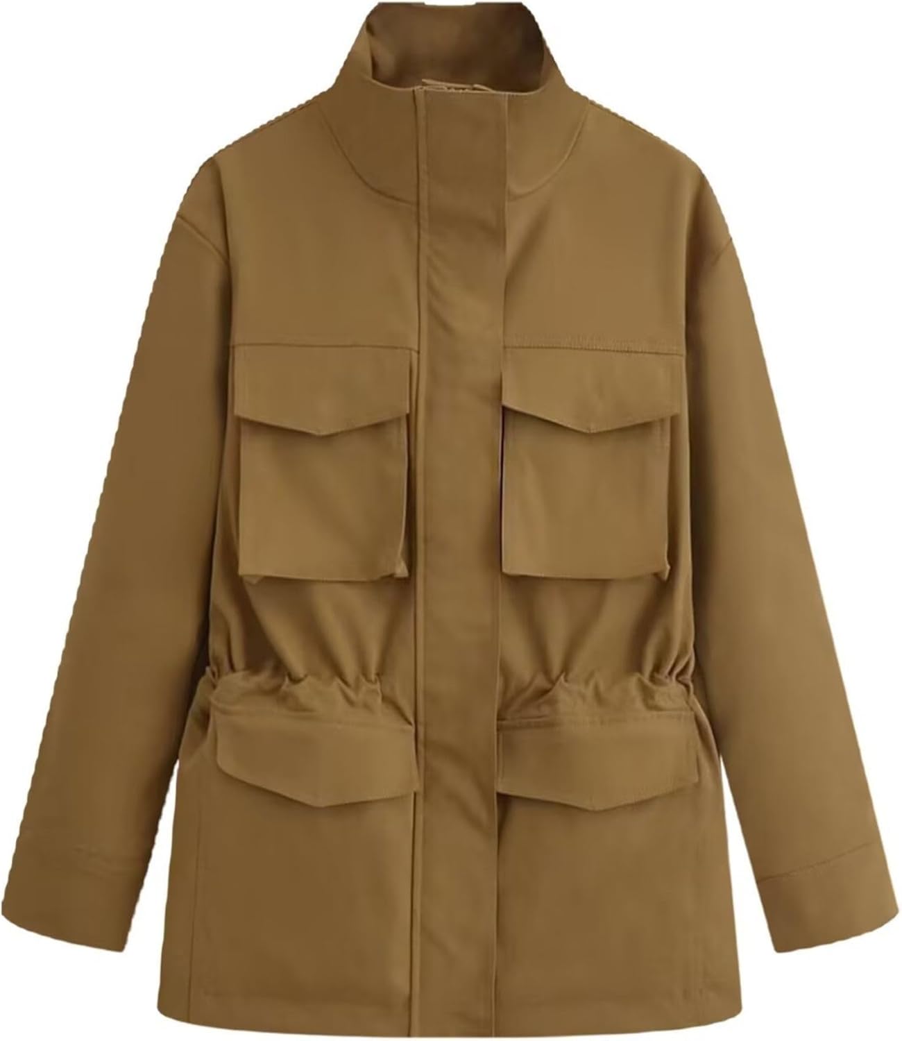 FindThy Women’s Utility Jackets Casual Stand Collar Drawstring Waist Long Sleeve Multi Pockets Outerwear Coat