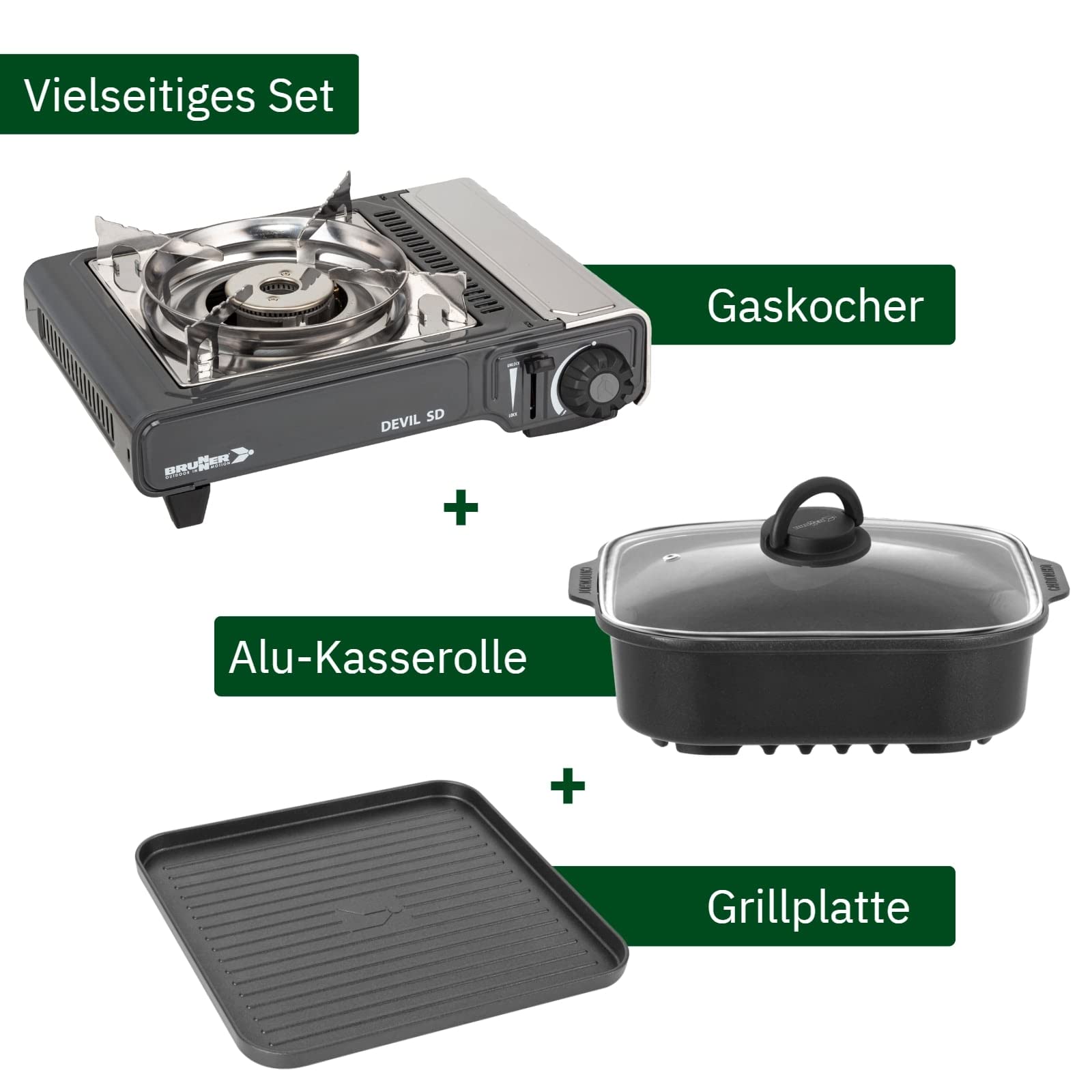 BRUNNER Gas-Kocher DEVIL SD NG Piezozündung Zündsicherung f. Gaskartusche | Gas-Kochplatte Einflammig - Mit Piezozündung 2,2 kW -Mit Zündsicherung - Für Gas-Kartusche -Grillplatte -Bratpfanne -Koffer