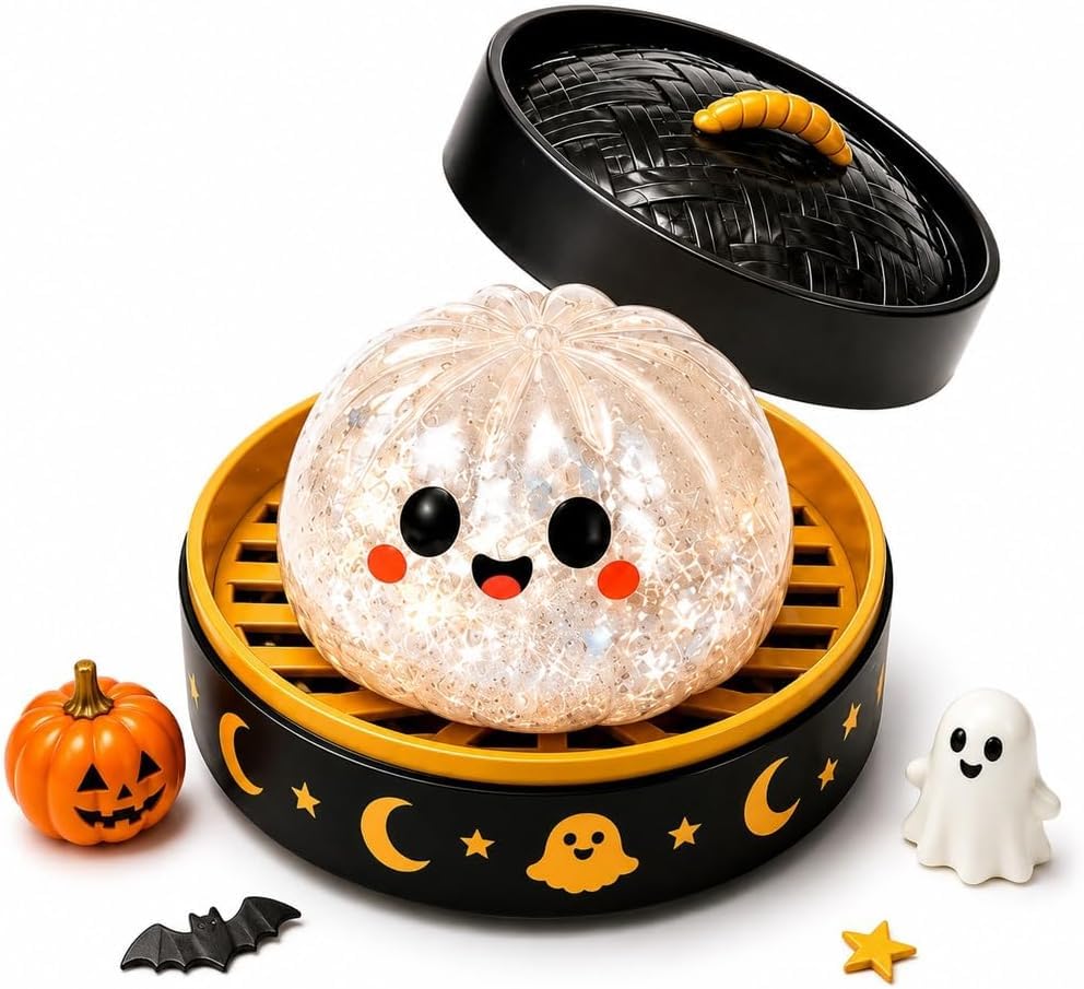 Halloween Steamed Bun Stress Toy with Steamer Basket Relief Fidget Surprise Gift for Adults Party Favours, White