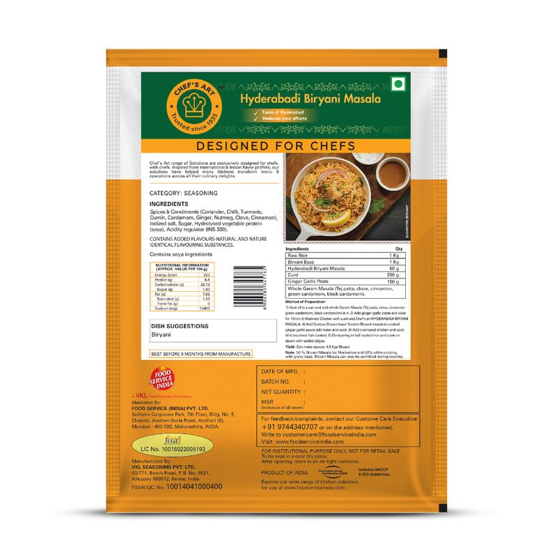 Chefs Art Hyderabadi Biryani Powder Masala - 500g | (Veg Mix, Upto 4.5 Kg Biryani) | Ready To Cook Biryani Masala | No Preservatives Or Artificial Colors | Versatile Seasoning Spice Mix for Biryani & Kebabs (B0CF9WGDW9) Amazon Price History, Amazon Price Tracker