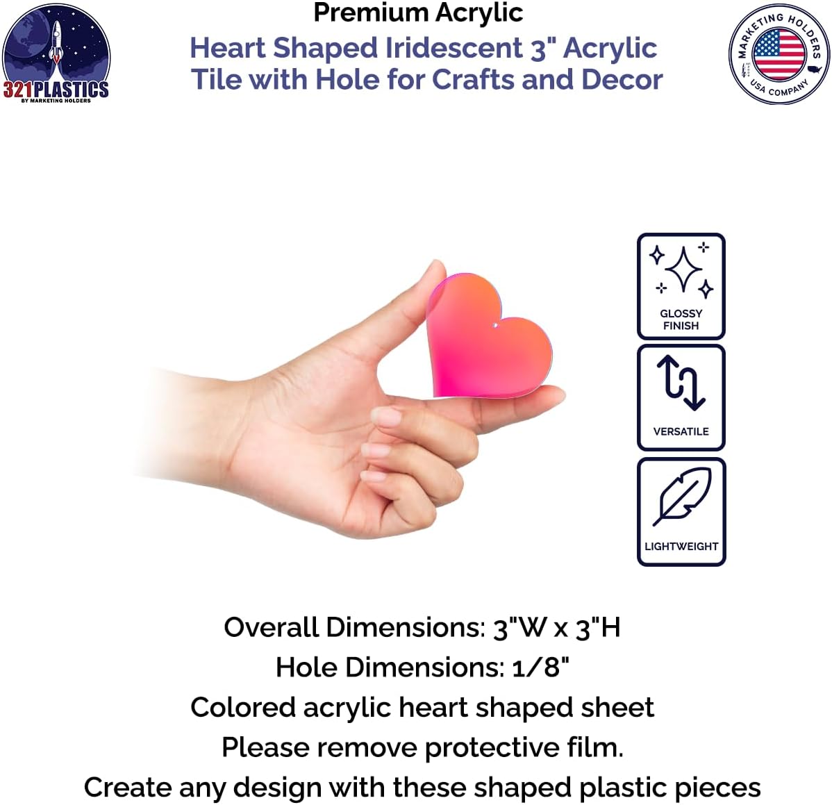 50 Pack Heart Shaped Acrylic Tile Iridescent 3" Sheet with Hole for DIY Arts and Crafts Party Decor Ornaments 0.118" Thick by Marketing Holders