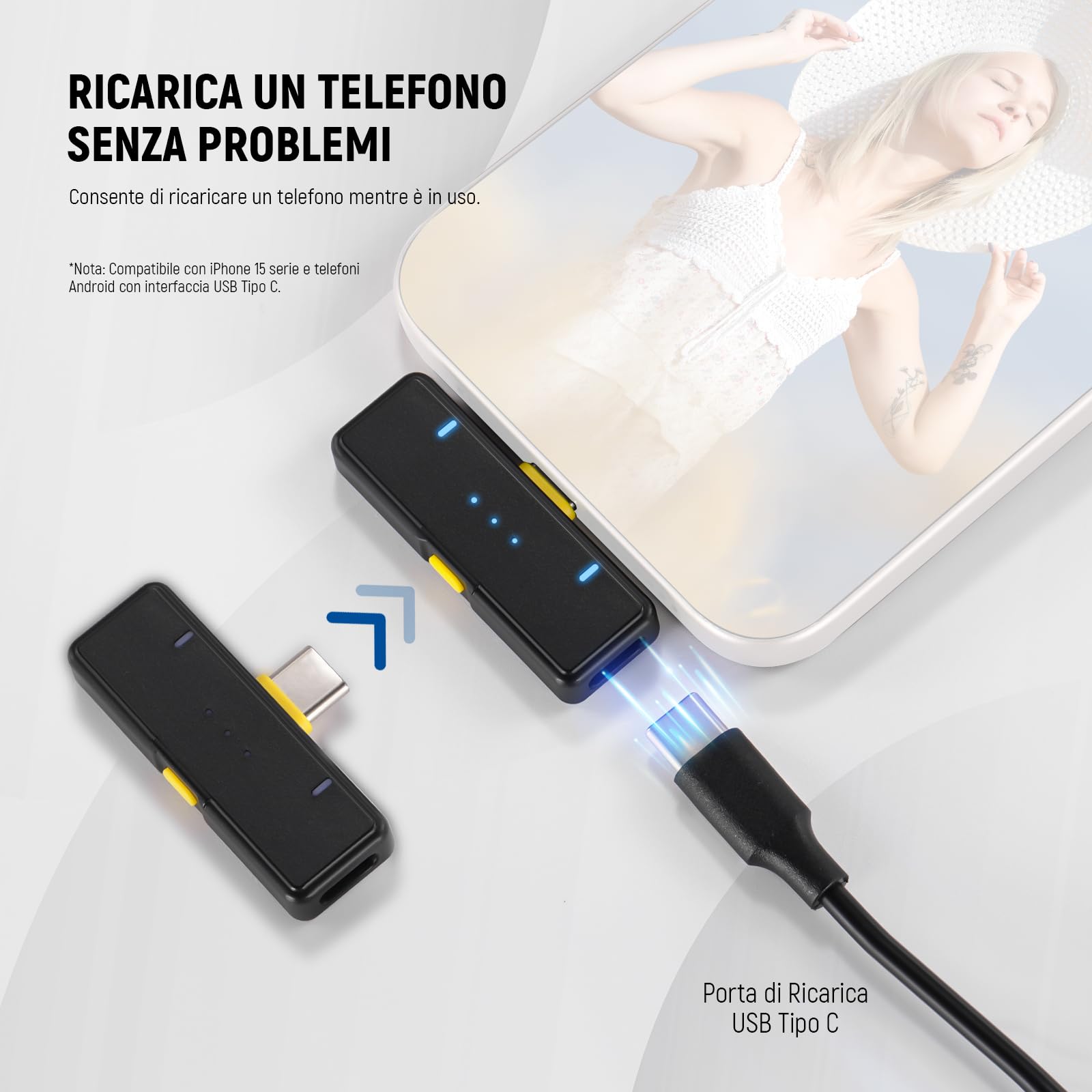 Neewer Kit di Microfono Wireless per iPhone 16 15 Pro Max iPad Android, Microfono Lavalier Anti Rumore con Ricevitore USB C e Custodia di Ricarica, Mini Lav Mic a Clip per Registrazione Video, KM15