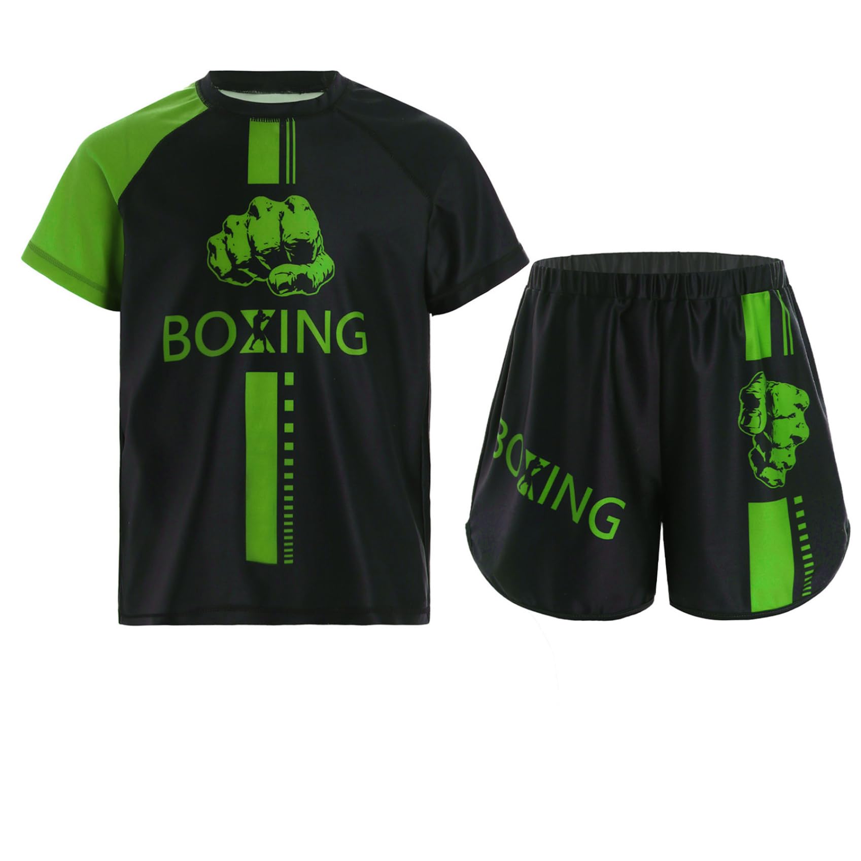 Miutii Kids Boys Boxing Uniform 2pcs Tracksuits Short Sleeve Boxer Shirt and Fighting Shorts Muay Thai Kickboxing Set Green 13-14 Years