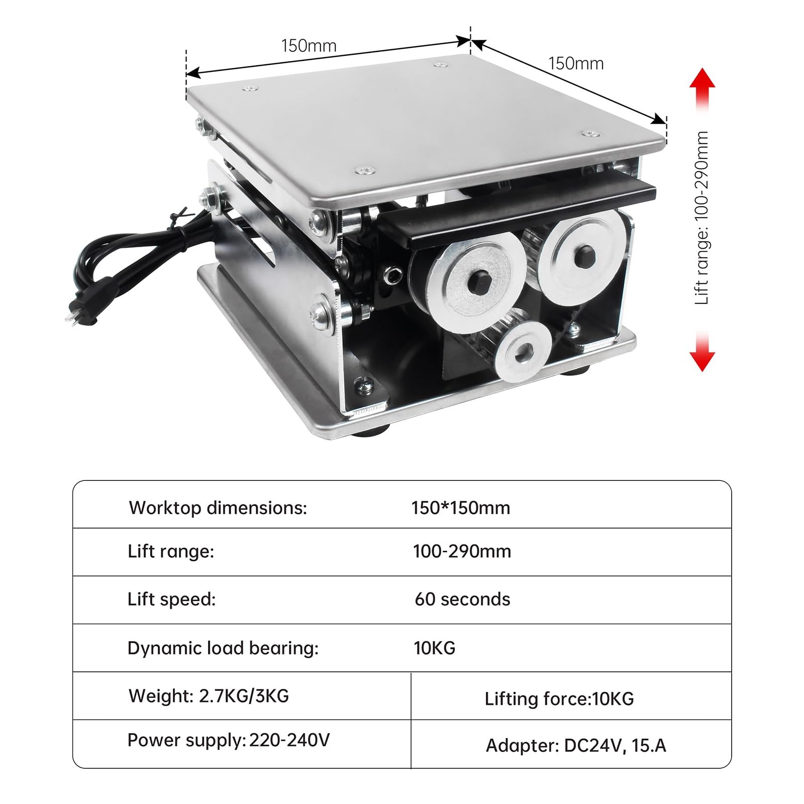 Plataforma elevadora eléctrica de Acero Inoxidable, pequeña Plataforma de elevación de Laboratorio con Control Remoto, Capacidad de Carga de 10 kg, reducción de Vibraciones y Ruido(15 * 15cm)