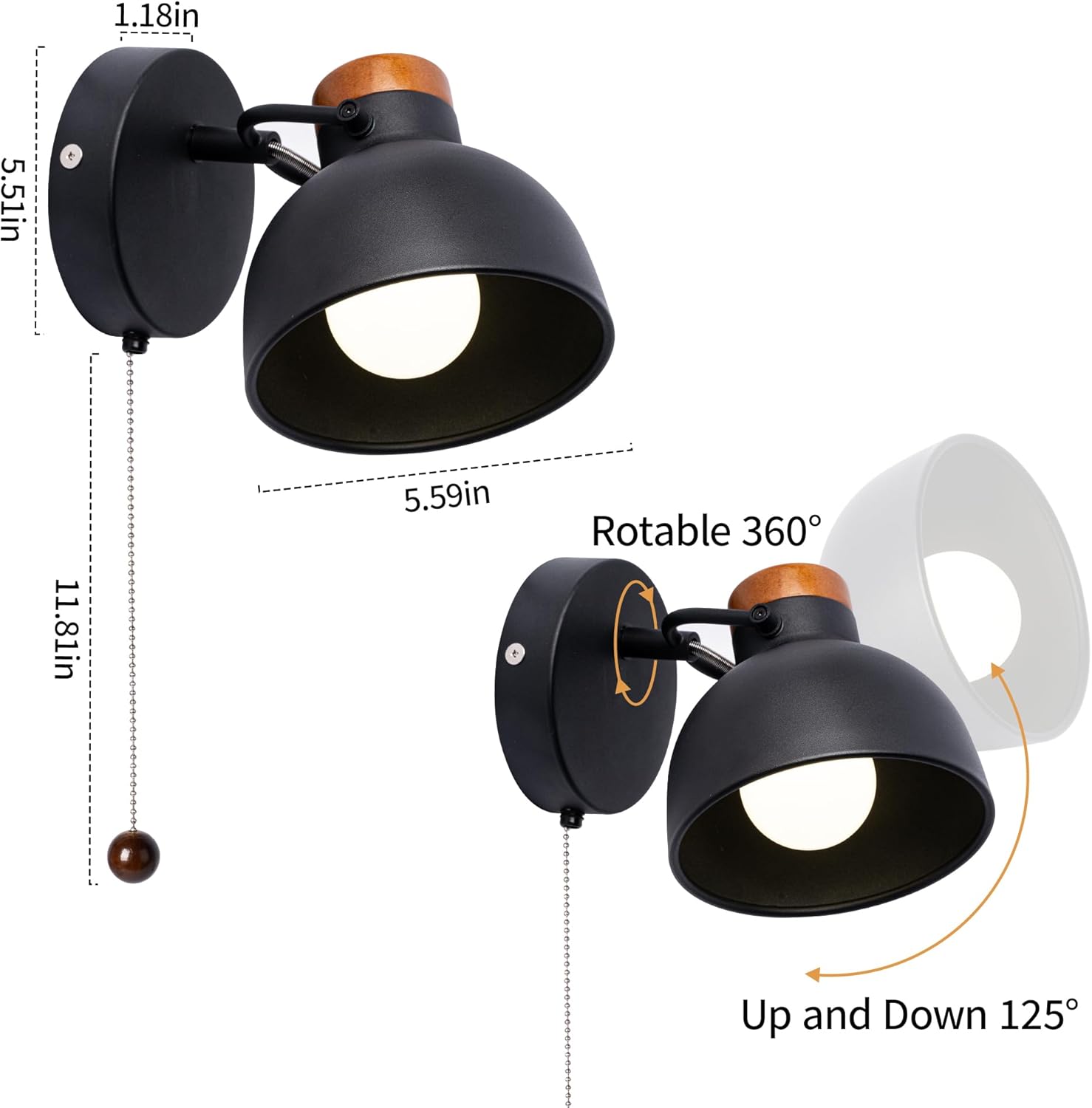 Aisilan Wall Sconce with Pull Chain Black Metal Wall Light for Bedside Wooden Indoor Wall Mounted Lamp with E12 Bulb Hardwire Wall Sconces for Bedroom Living Room Hallway Office 3000k Warm White