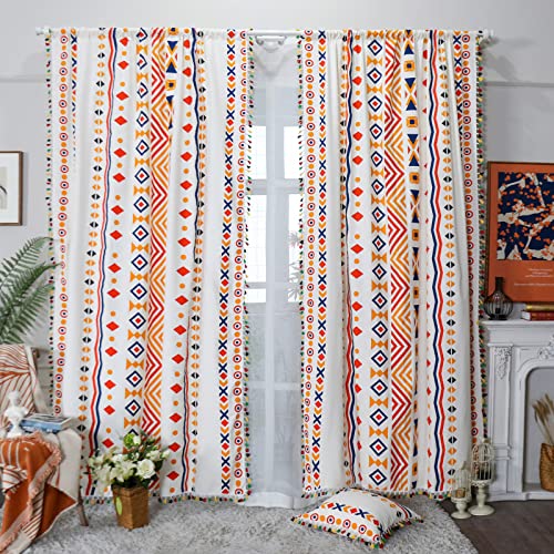 Sutavia Boho Window Curtains Colorful Geometric Semi-Blackout 2 Panels Vintage Tribal Orange For Bedroom Living Room Cotton Linen With Color Bordered Tassel Darkening Rod Pocket Window Drapes  #TOP6