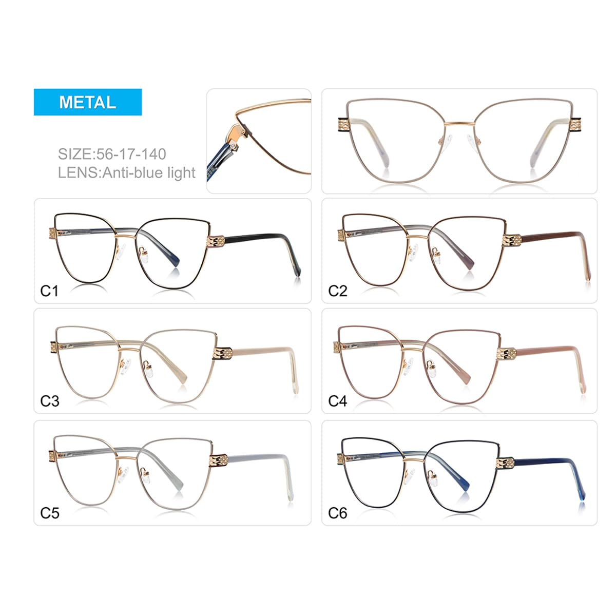 Szkła Cat Eye Anti Blue Light Metal modne okulary damskie CP oprawka octan świątynia wiosna zawias