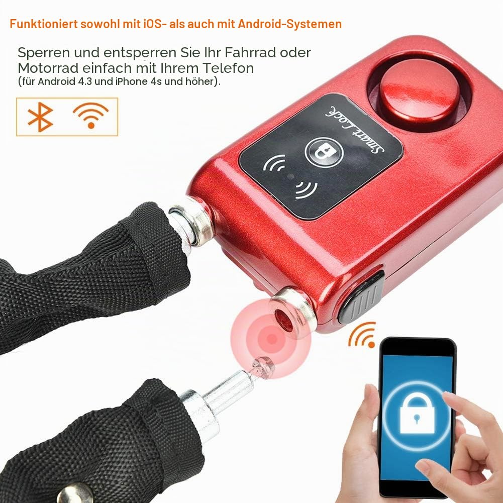 Bluetooth Kettenschloss, Intelligente Wasserdichte Diebstahlsicherung Fahrrad Kettenschloss, App-Steuerung für iOS / Android