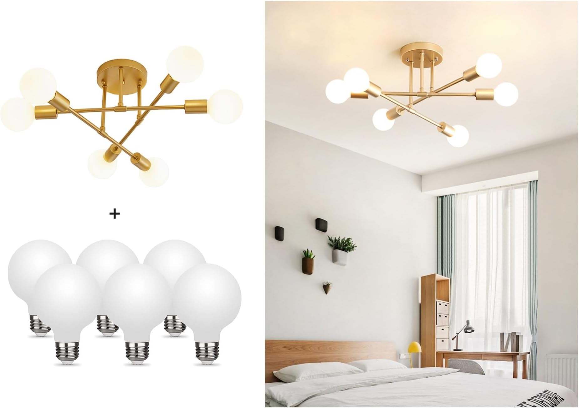 Modern Sputnik Chandelier, 6-Light Ceiling Light, LED Light Bulbs Included for Bedroom,Dining Room,Kitchen,Office (Gold)