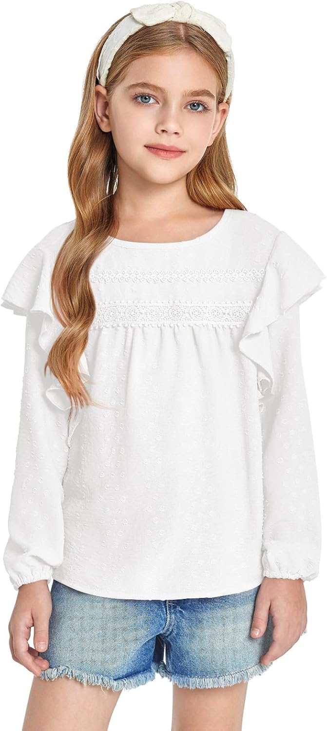 Haloumoning Girls Long Sleeve Shirts Cute Tops Crewneck Ruffle Swiss Dot Blouses for Kids 4-14 Years - Image 2