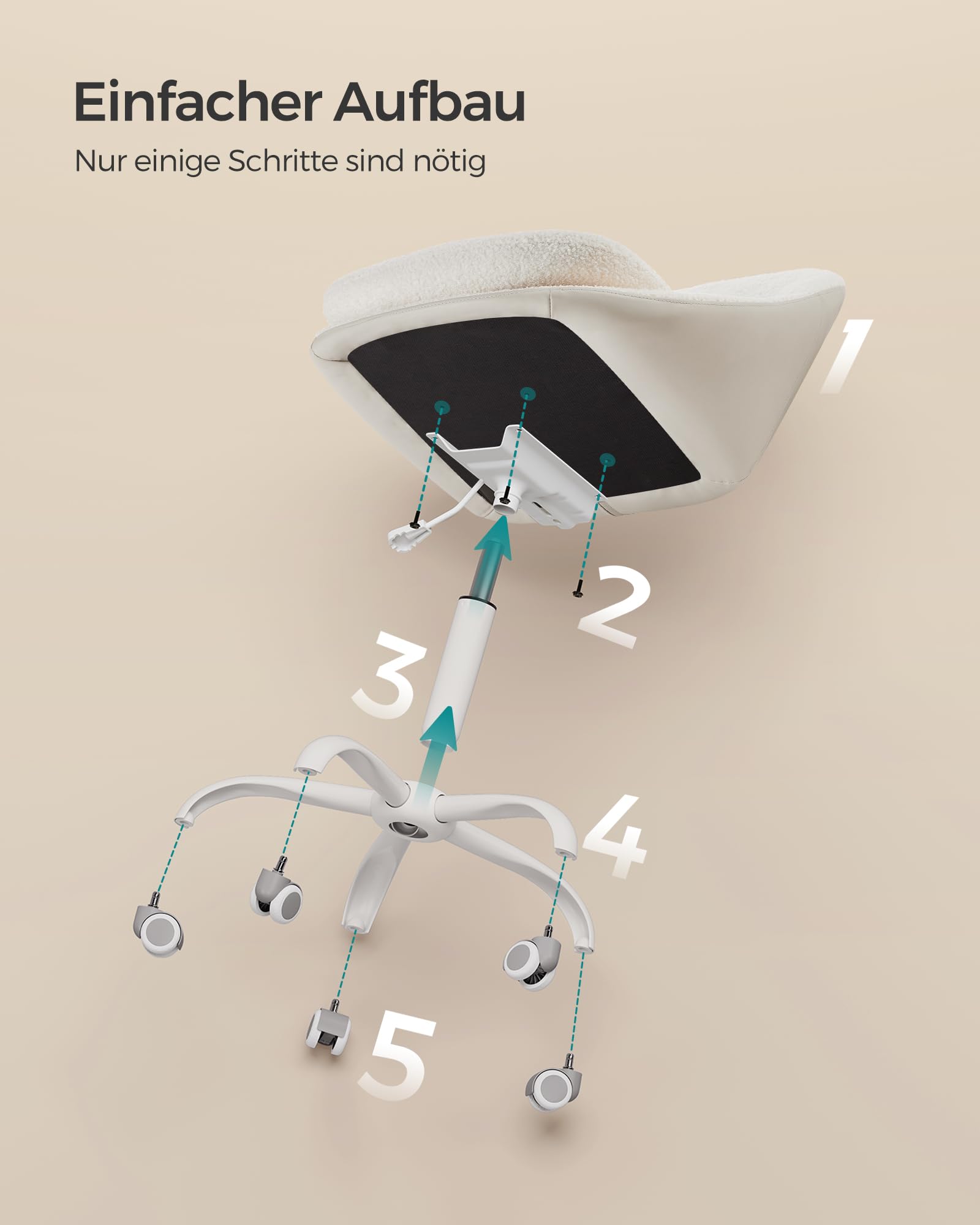 SONGMICS Homeoffice Stuhl, Schminkstuhl aus Sherpa, Schreibtischstuhl, Schaumstoffpolsterung, höhenverstellbar, für Arbeitszimmer, Schlafzimmer, cappuccinobeige-wolkenweiß OBG020W01