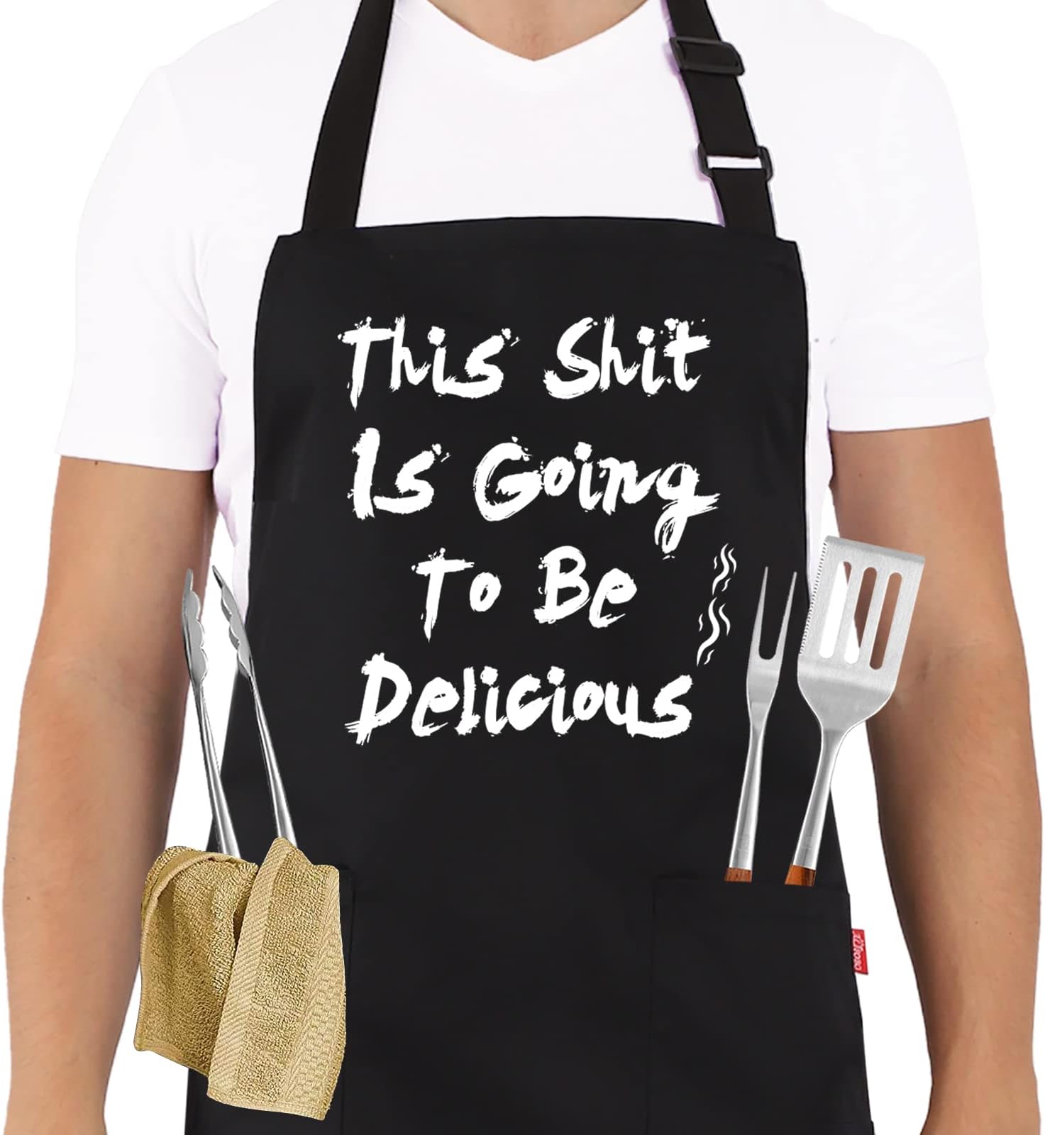 BBQ Funny Apron for Men, Chef Bib Apron with 2 Pockets, Adjustable Neck Strap and 40" Long Ties - Best for Kitchen Cooking, Grilling, Baking, Gardening - Black