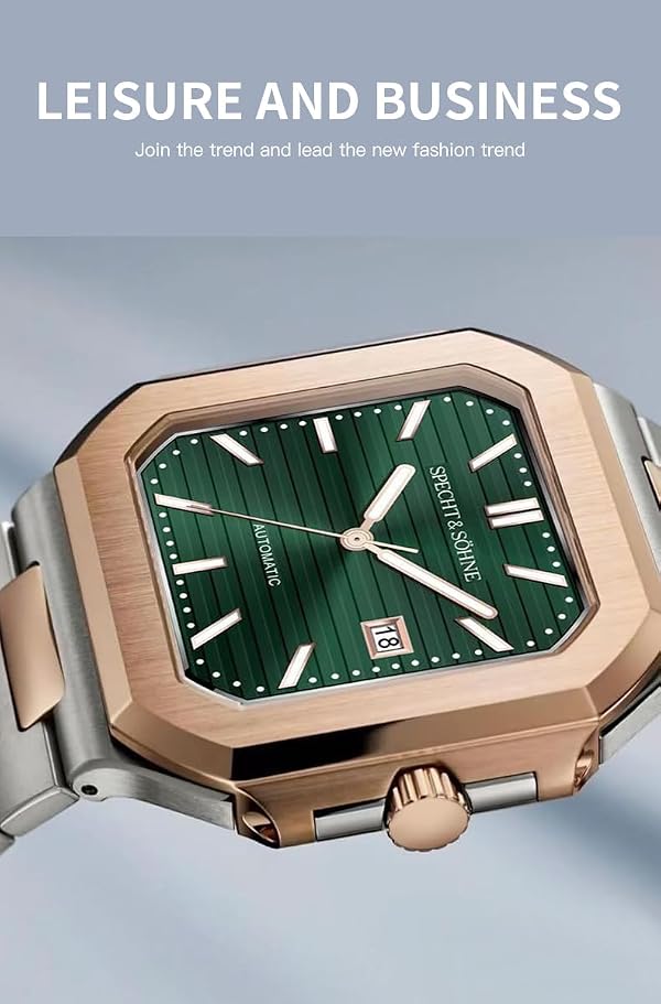 Specht & Söhne 41MM Square Cubic 5711 Men's Watch Mechanical Watches Rose Gold Stainless Steel Sapphire Crystal Waterproof (Rose Gold-Green) by SPECHT&SOHNE - Used condition - Image 5