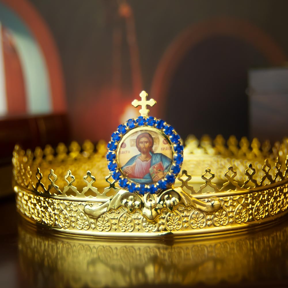 Zestaw ortodoksyjnych koron chrześcijańskich – wykwintna religijna ozdoba na głowę ze stopu cynku z czerwonym i niebieskim dwukolorowym wzorem na ceremonie, wydarzenia kościelne i dekoracje