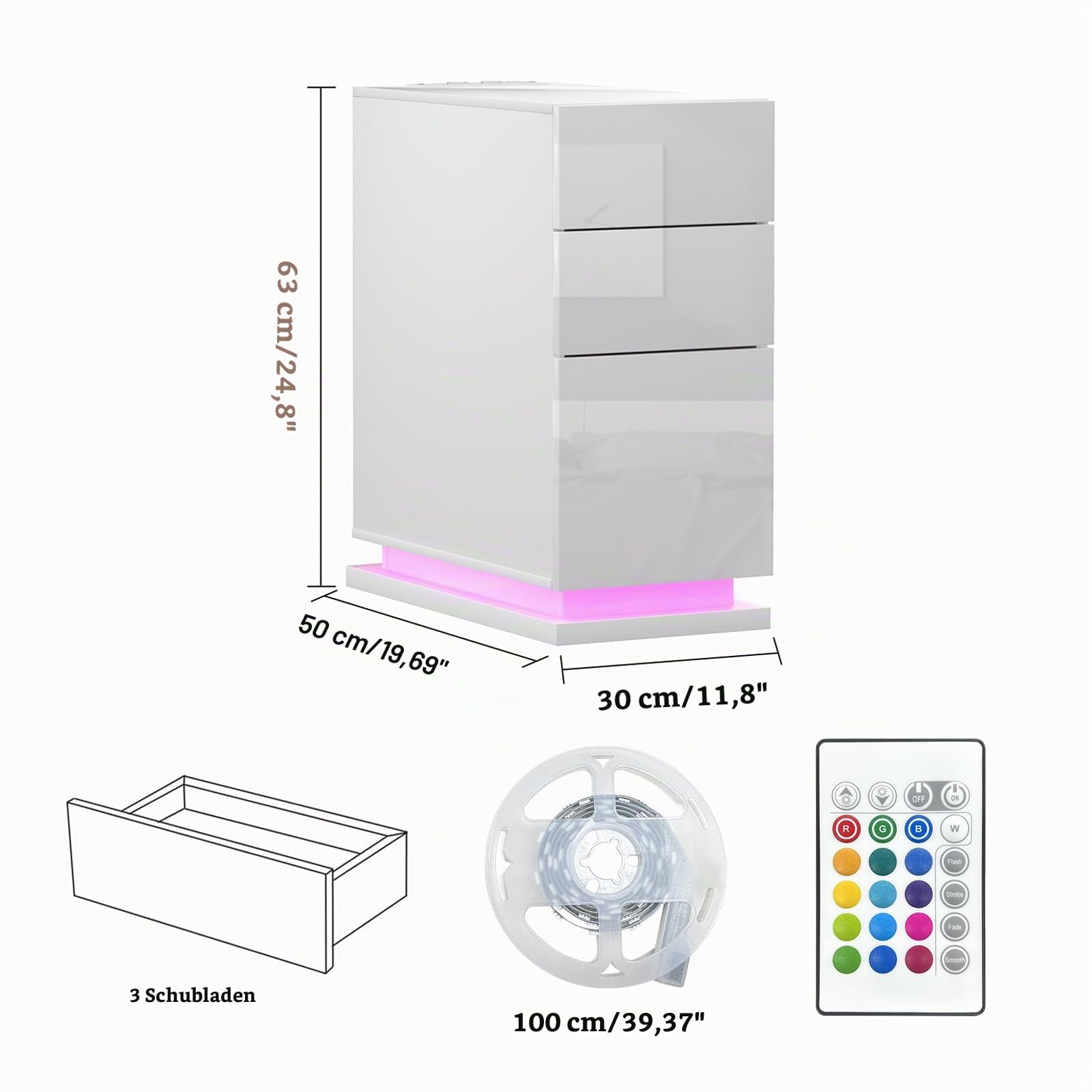Nachttisch Schmal 2er Set, Nachttisch Weiß Hochglanz mit LED, Einstellbare 16 Farben, 2 AC Steckdosen, 2 USB Anschlüsse, Beistelltisch Nachtschrank für Schlafzimmer Wohnzimmer