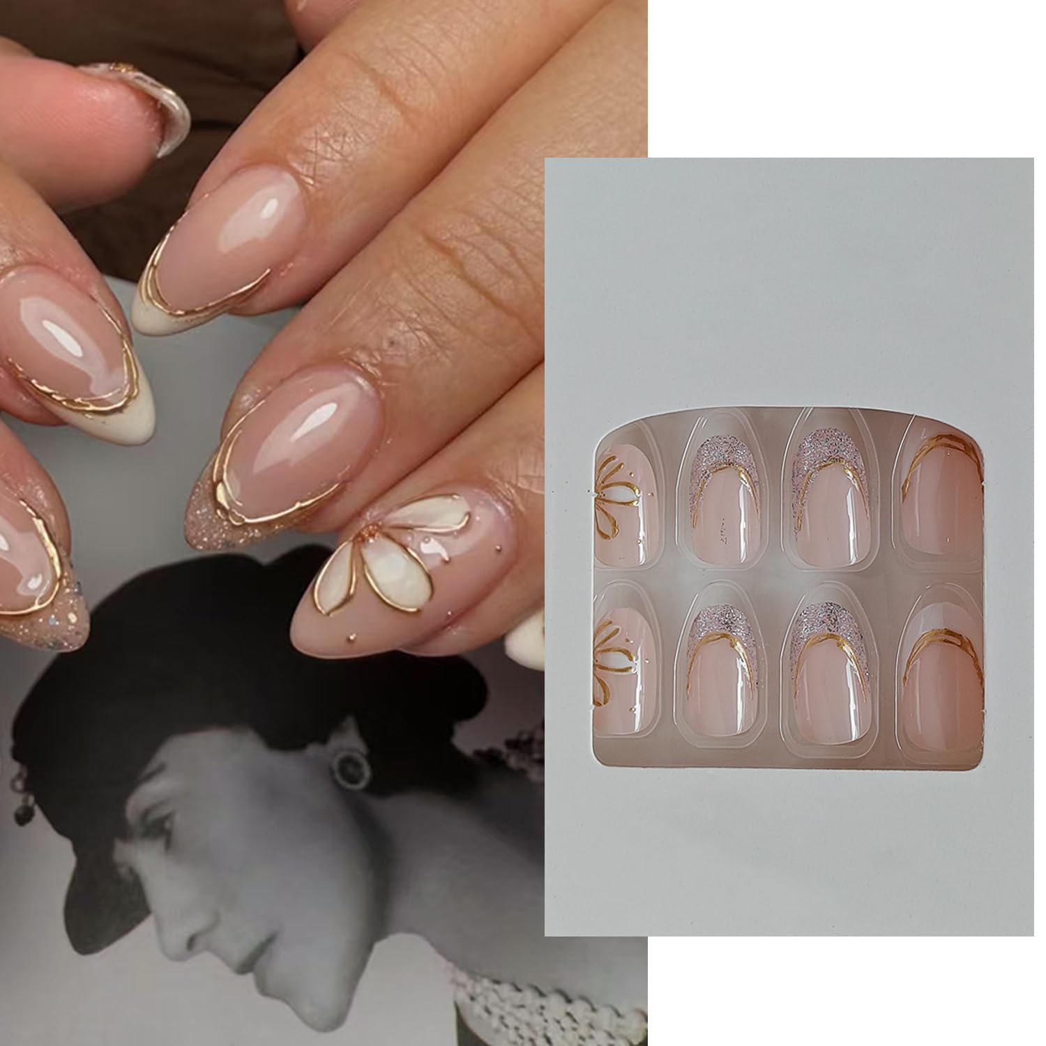 S.A.V.I Reusable Press On Nails for Women | Nude Pink with Gold Floral & Glitter Art | Medium Length Round Shape | ABS Material | 24 Pcs Kit with Nail Glue & Adhesive Tabs-image-8