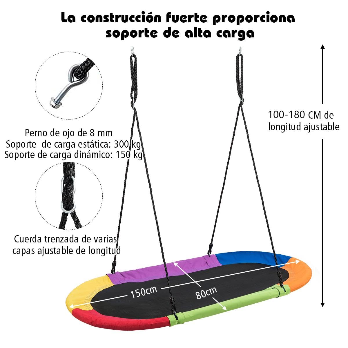 COSTWAY Columpio de Nido Columpio Colgante para Niño Cuerda Ajustable de 100-180 cm Carga hasta 150 kg para Jardín Interior Exterior (Multicolor)