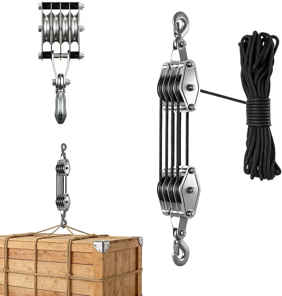 Flaschenzug mit Seilbremse Seilzug Arbeitssparender 8:1 Hubkraft mit 20m Nylon Seil und Haken 300kg Max 270 Drehbar Flaschenzug für Jagd Garage Lagerhallen Bauwesen