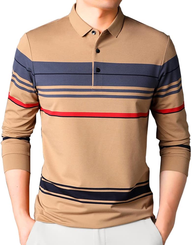 XTAPAN Men's Polo Shirt Cotton Casual Striped Polo T Golf Sport Shirt