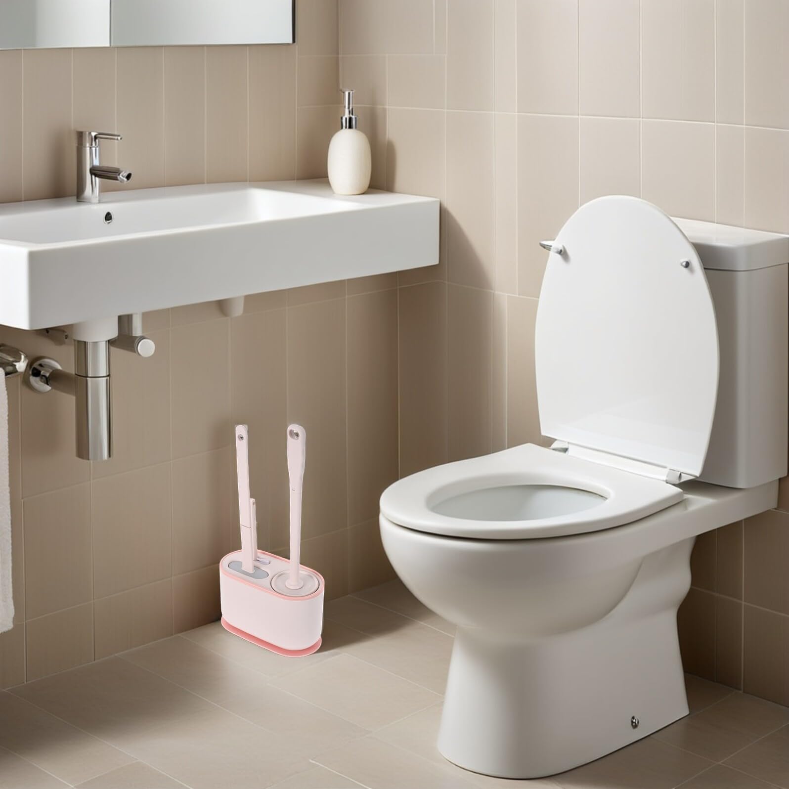 IMIKEYA Spazzolino WC da parete con supporto rosa, spazzola sanitaria con manico per pulizia profonda installazione facile e risparmio di spazio bagno