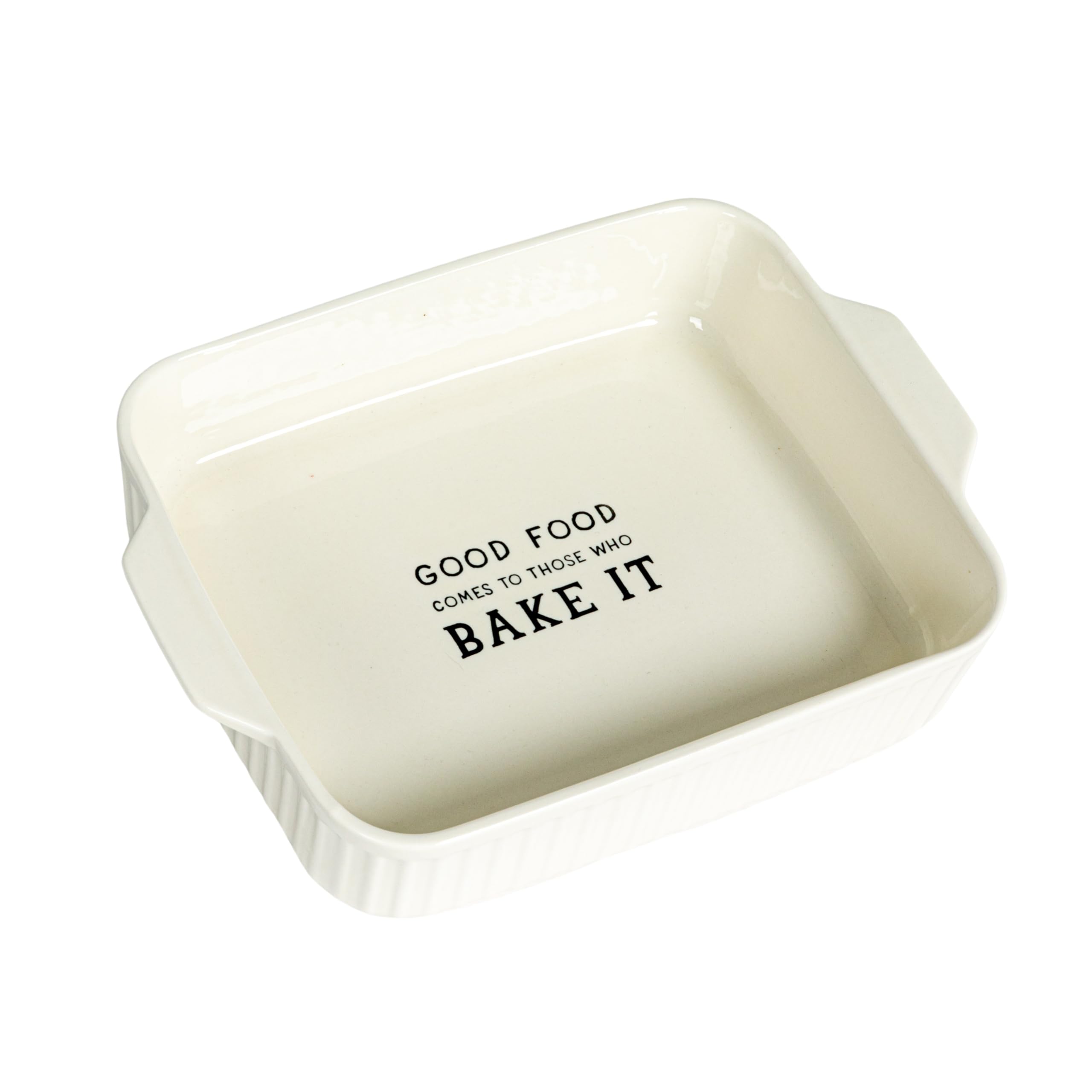 Creative Co-Op Stoneware Baker with Good Food Comes To Those Who Bake It, White