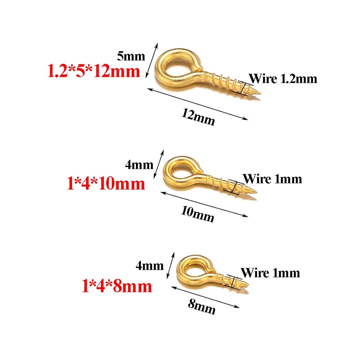 Small Eye Pins Eyepins Hooks Eyelets Screw Threaded Stainless Steel Clasps Hooks DIY Jewelry Findings for Beads Making 100-50pcs(Gold,12MM)