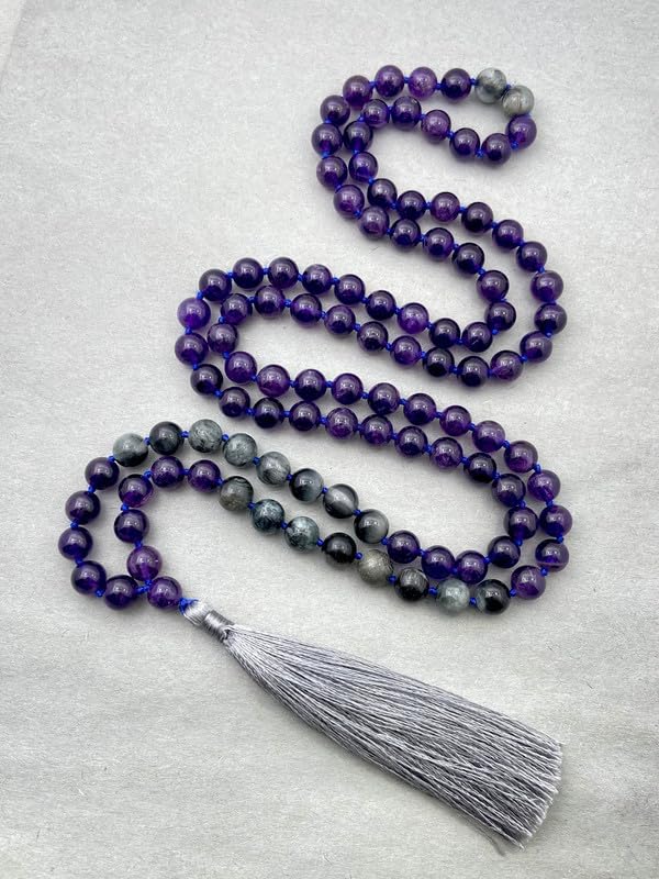 Collar de meditación con borlas de protección espiritual y curación con 108 cuentas anudadas de amatista AAA y ojo de gato naturales Japa Mala