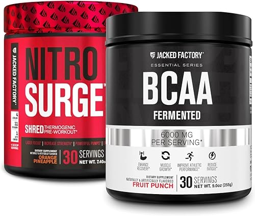 Jacked Factory Nitrosurge Shred Pre-entrenamiento termogénico en piña naranja y BCAA en ponche de frutas para recomendación corporal, construcción