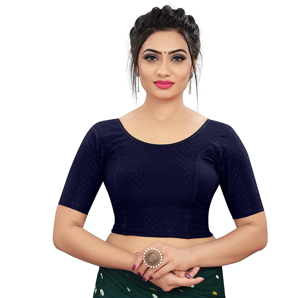 Sidhidata Round Neck Dobby Cotton Lycra Stretchable Elbow Sleeve Readymade Saree Blouse for Women Stylish (Free Size)