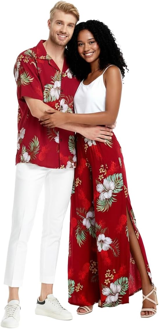 Matchable Couple Hawaiian Luau Shirt or Wide Legged Pants in Pineapple Garden Burgundy