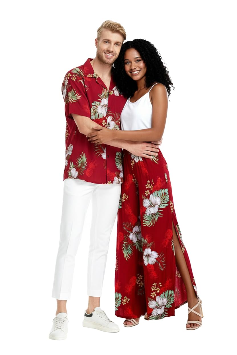 Matchable Couple Hawaiian Luau Shirt or Wide Legged Pants in Pineapple Garden Burgundy
