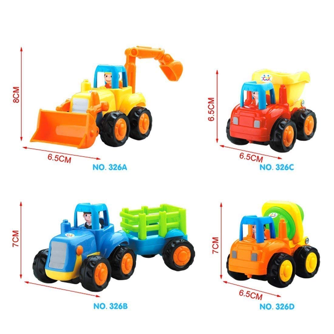 TOYIQ Unbreakable Farm and Construction Toy Vehicle Set - Friction Powered Automobiles - Set of 4 - Tractor, Bulldozer, Cement Mixer Truck, Dumper - Color As Per Stock