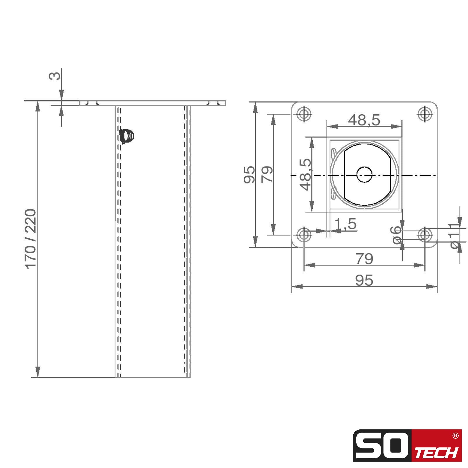 SOTECH Soporte de Barra Olbia Recto (50 x 50 mm, Altura 220 mm, Negro) Soporte de Aluminio para encimeras de Madera o Cristal