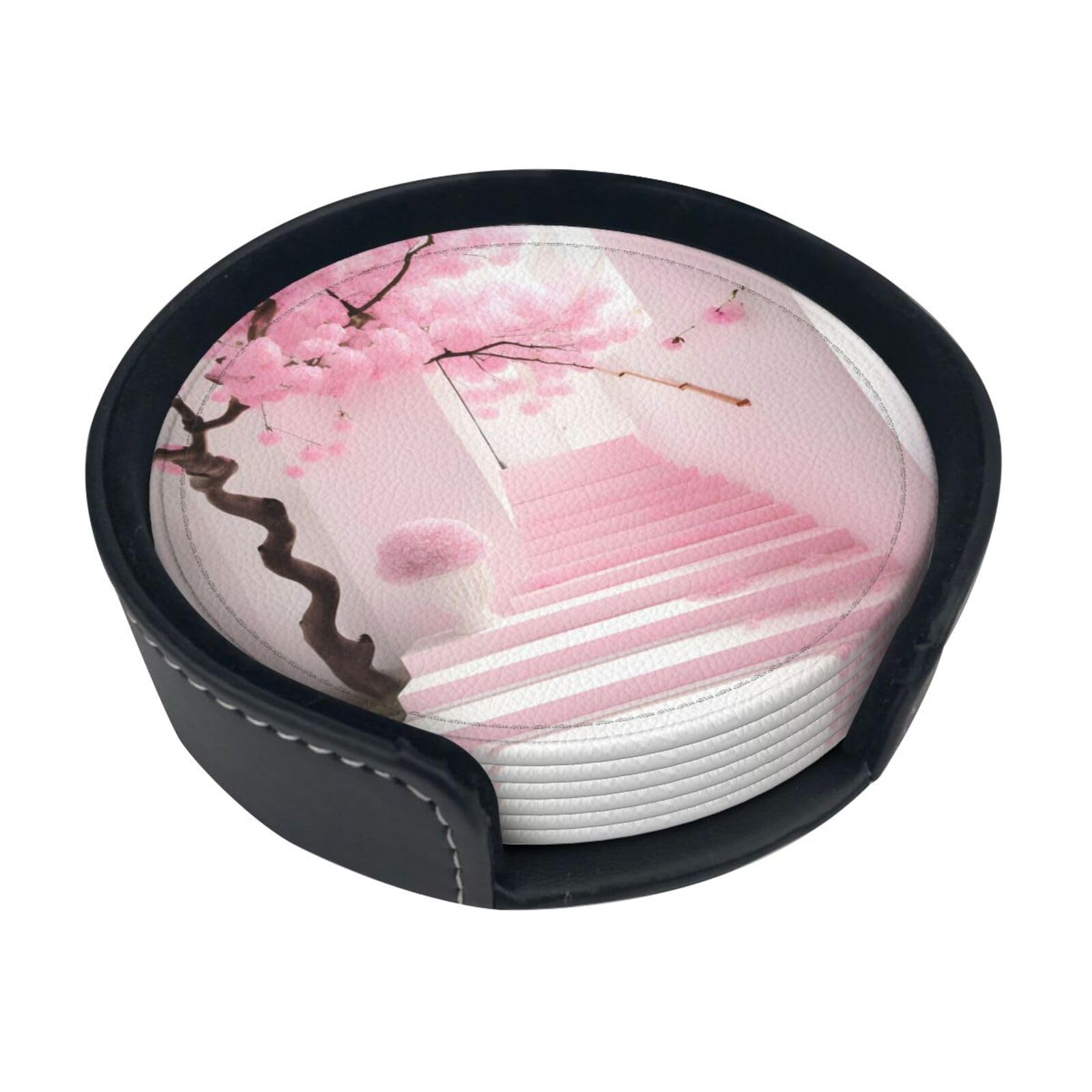 Cntdbu White Pink Cherry Blossom Staircase Leather Coasters Set Of 6-Pu Leather Drink Mats For Table, Heat Resistant Round Coasters With Holder