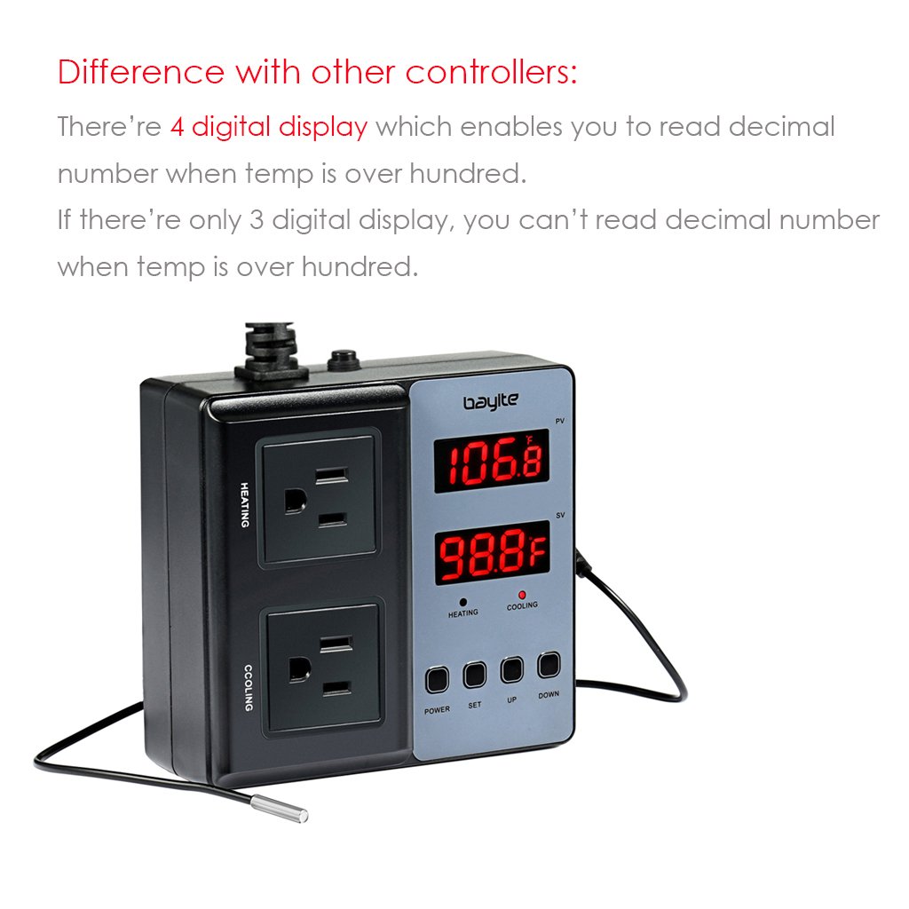 bayite Temperature Controller BTC201 10A Dual Pre-Wired Digital Outlet Thermostat Plug, 2 Stage Heating and Cooling Mode, 110V - 240V, Fermentation BBQ Reptile Aquarium