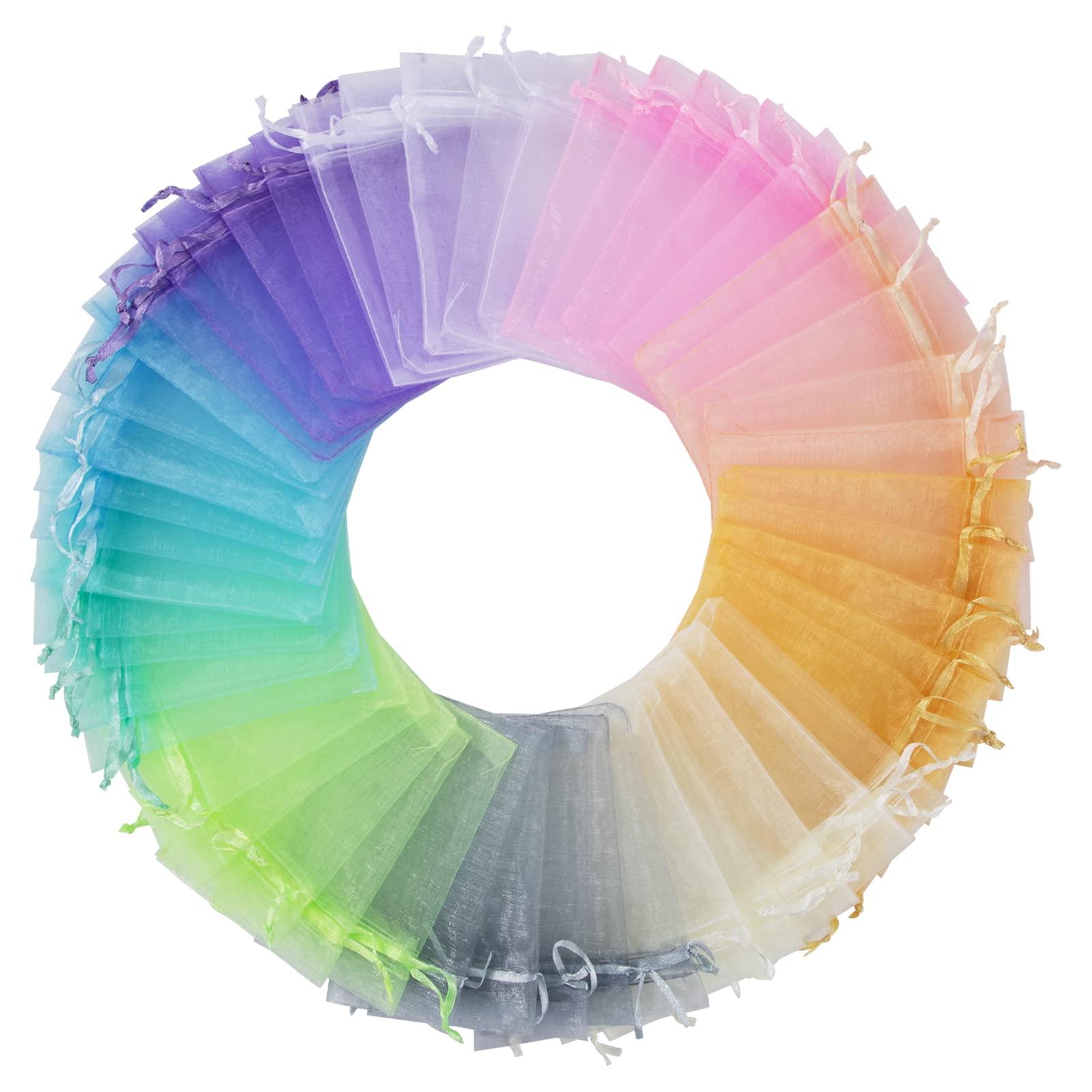 50 Sacchetti Regalo In Organza 15x20 Cm Con Coulisse - 10 Colori Assortiti Per Bomboniere E Gioielli