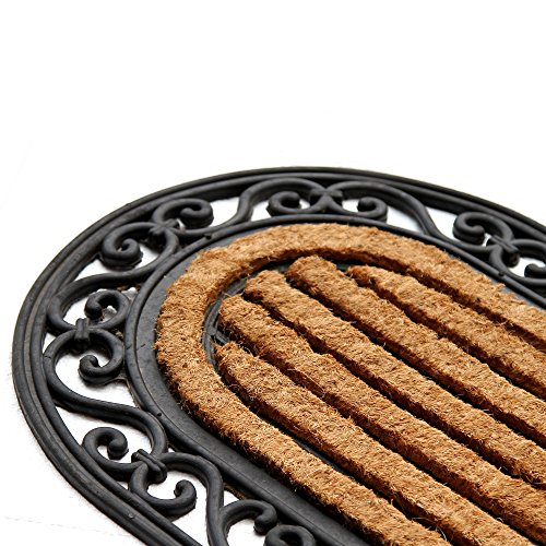 Image of Onlymat Long Oval Entry Rug, Rubber and Coir Doormat with Non-Slip PVC Backing, Natural Coco Coir Large Front Door Mat with Design Border, Mat for Indoor-Outdoor Use, Brown & Black, 39 inch x17.72 inch