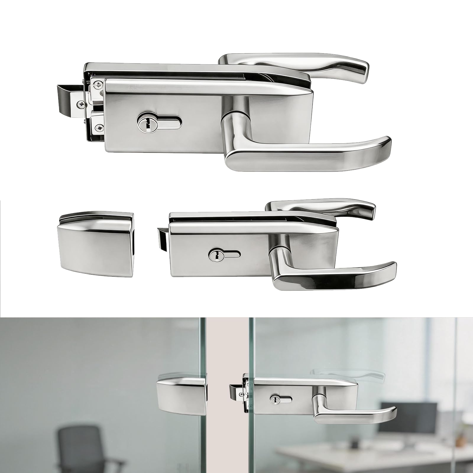 BRGD Poignée Unilatérale Serrure de Porte en Verre, Ensemble de Poignée de Porte en Acier Inoxydable avec 3 Clés pour Portes Vitrées, de Bureau, Salle de Bain ou de Balcon