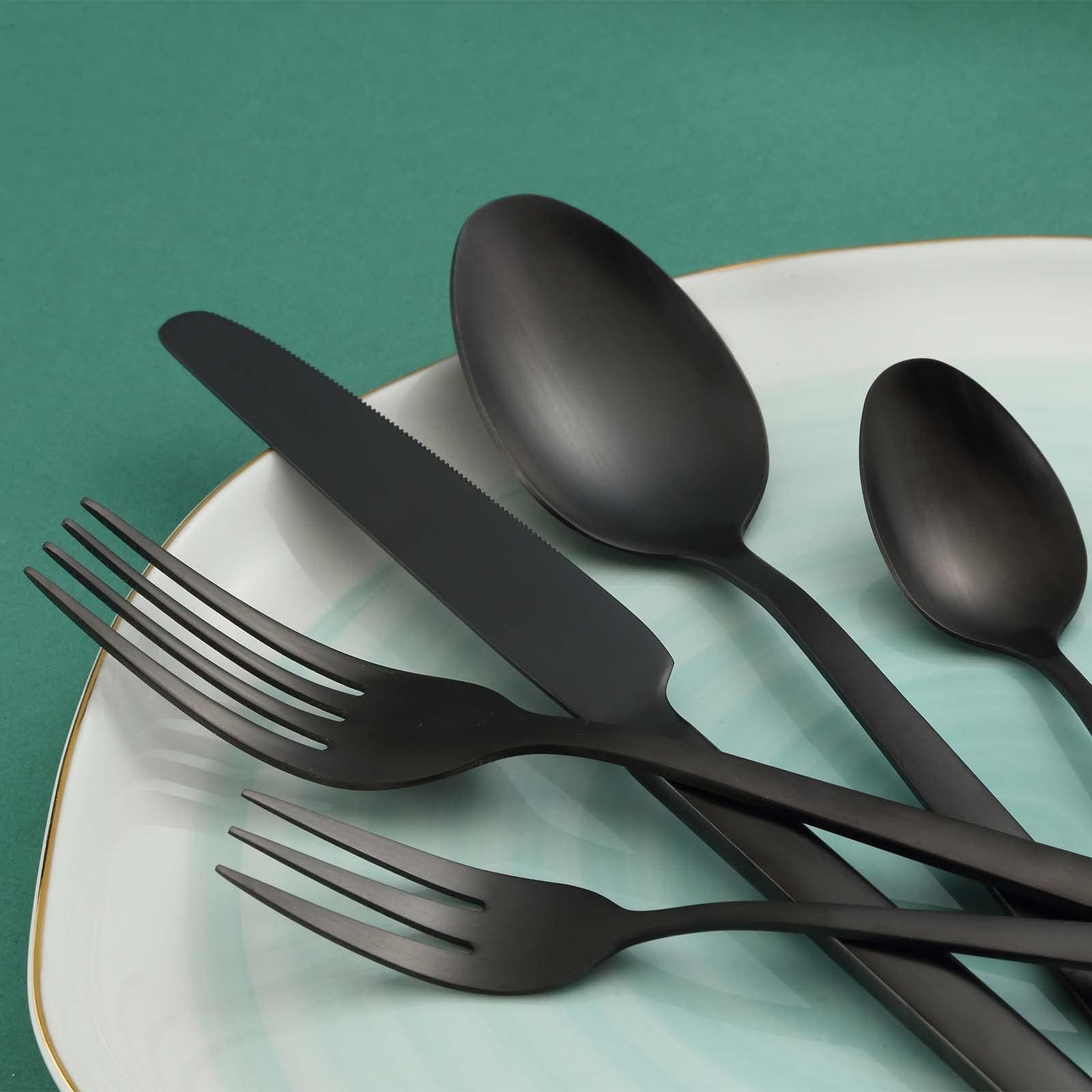 BEWOS 30 pièces Couverts pour 6 personnes, Set d'argent noir en acier inoxydable, Set de couverts noir mat avec couteaux, fourchettes et cuillères, poignée ergonomique