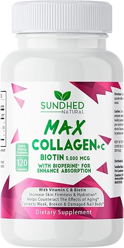 Sundhed Max Collagen Plus C - Colágeno natural con biotina y bioperina para aumentar la hidratación antienvejecimiento y la firmeza de la piel,