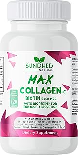 Sundhed Max Collagen Plus C - All Natural Collagen with Biotin & Bioperine to Boost Anti Aging Hydration & Skin Firmness - Strengthen Bones & Nails (Capsules 2-Month) (120 Count)